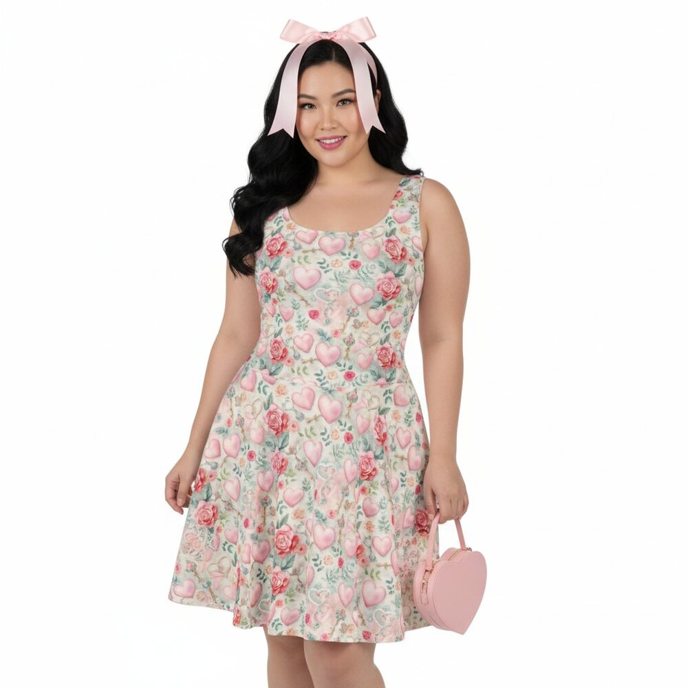 Coquette Romantic Pink Heart Roses Valentine's Day Fit & Flare Dress